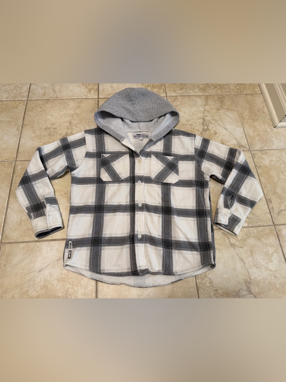 Gray  Plaid Vintage Havana Flannel Hoodie size Large